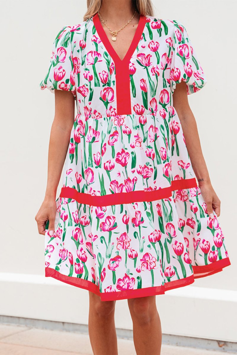 Pink Floral Print Contrast Trim V Neck Bubble Short Sleeve Babydoll Dress - Love Salve